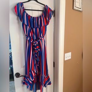 Large striped open shoulder dress